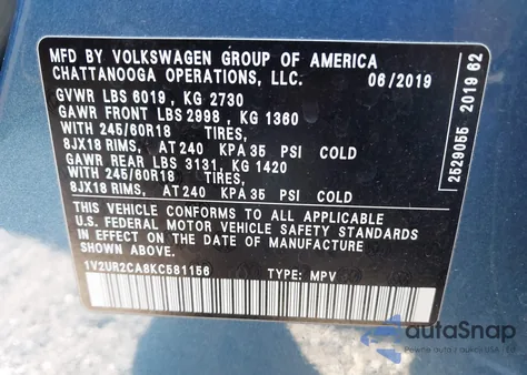 2019 Volkswagen Atlas 3.6L V6 Se W/Technology z USA, uszkodzony, nr VIN 1V2UR2CA8KC581156